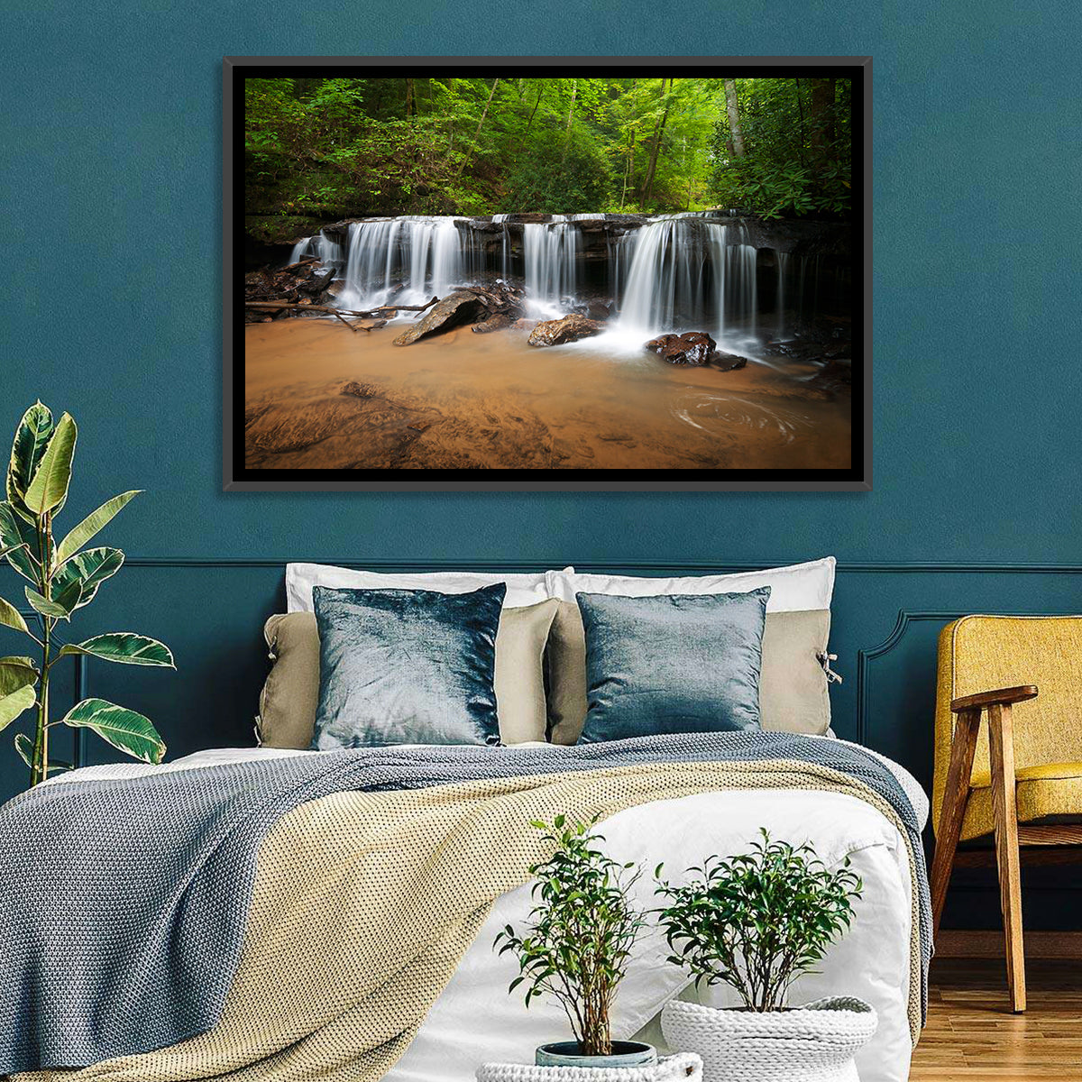 Lush Green Forest Waterfall Wall Art in a room, landscape