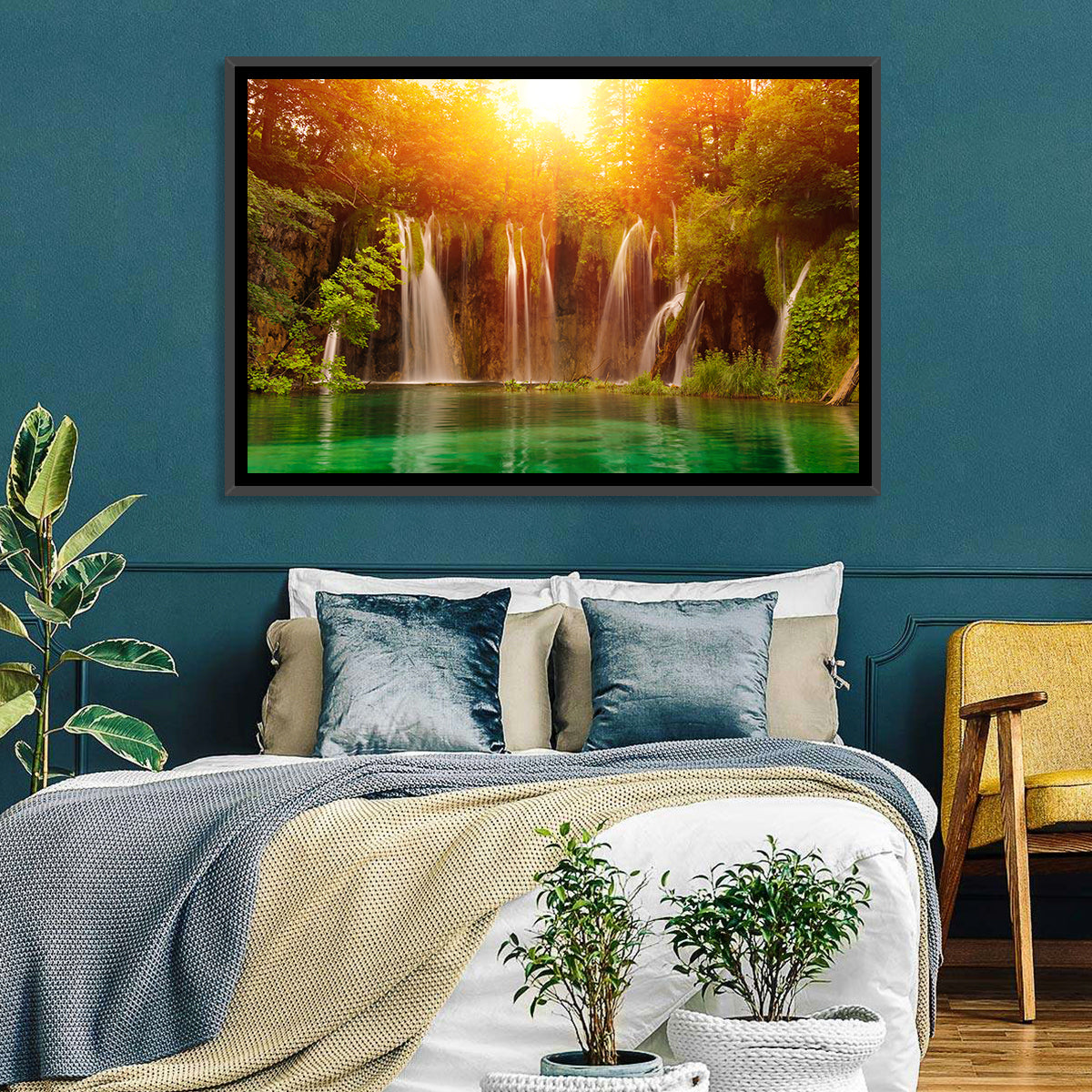 Plitvice Lakes Waterfalls Wall Art in a room, landscape