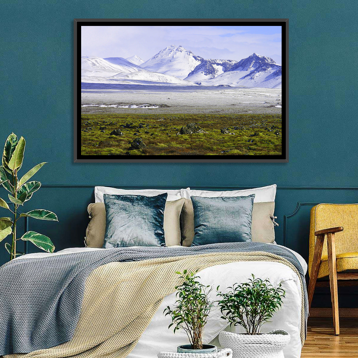 Icelandic Snow and Moss Landscape Wall Art in a room, landscape