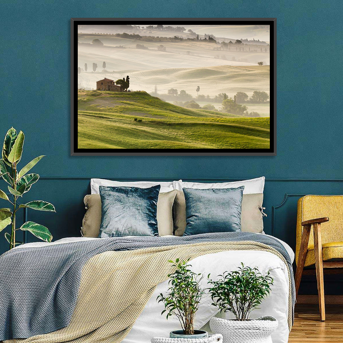 Foggy Tuscany Wall Art in a room, landscape