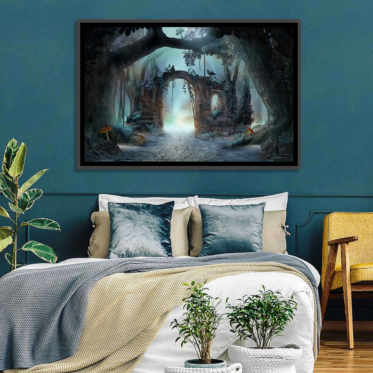 Enchanted Foggy Forest Wall Art in a room, landscape
