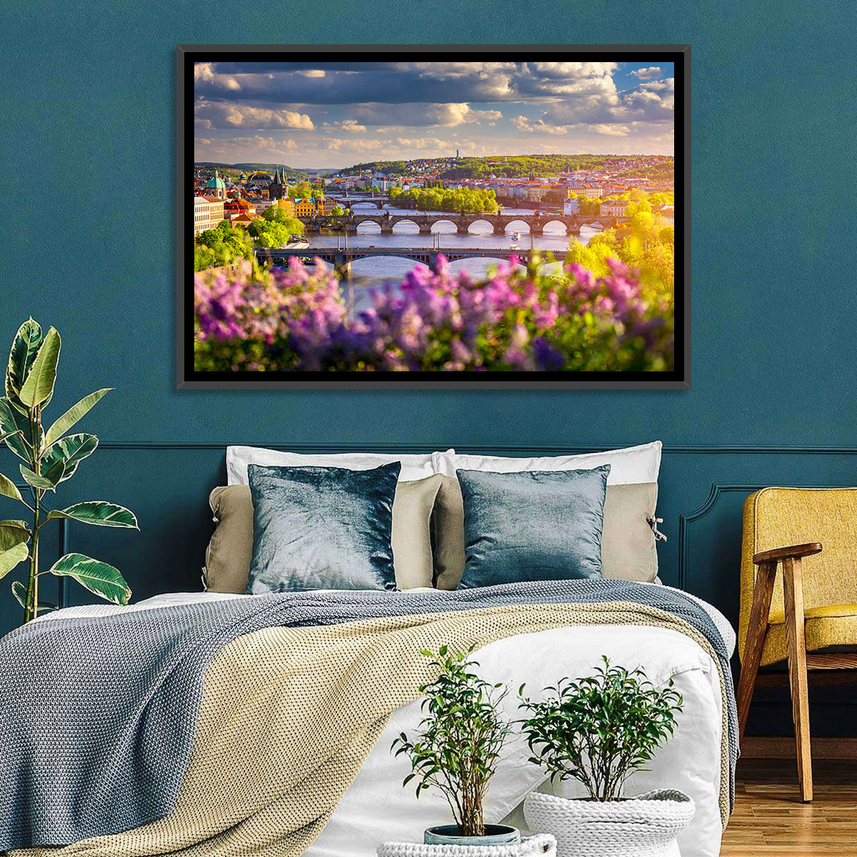 Prague Vltava Bridges in Spring Light Wall Art in a room, landscape