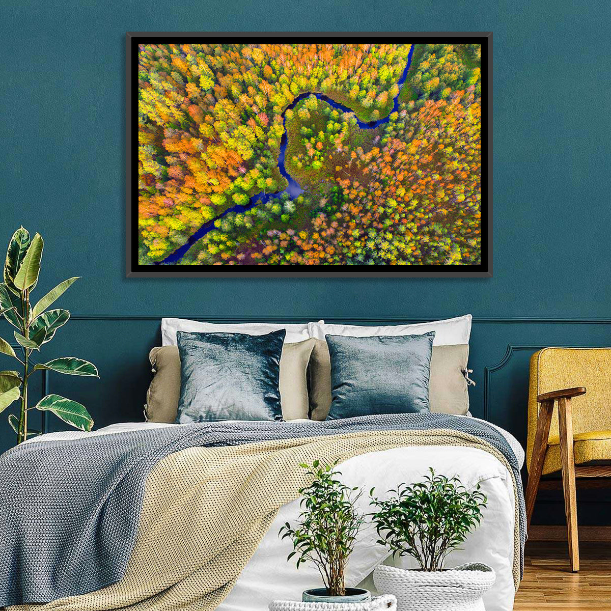 Winding Autumn River Wall Art in a room, landscape