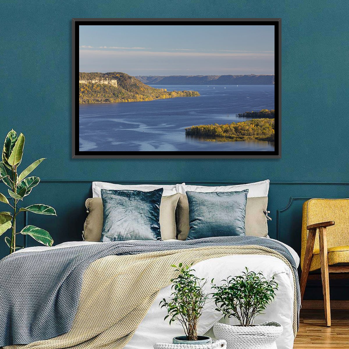 Mississippi River Autumn Panorama Wall Art in a room, landscape