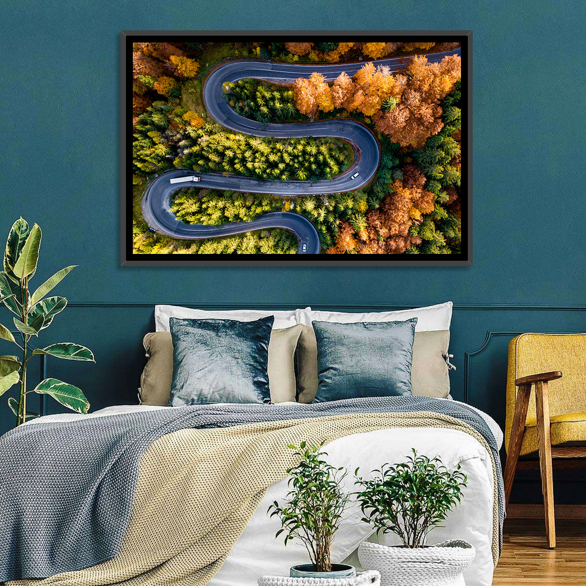 Serpentine Forest Road Wall Art in a room, landscape