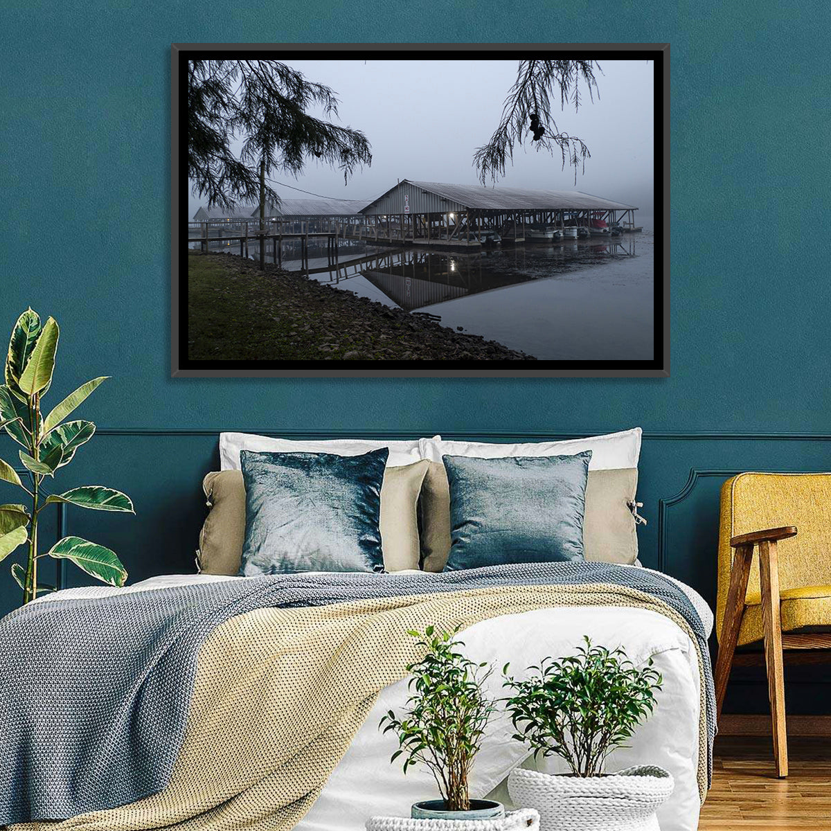 Ozark Beach Resort Boathouse Wall Art in a room, landscape
