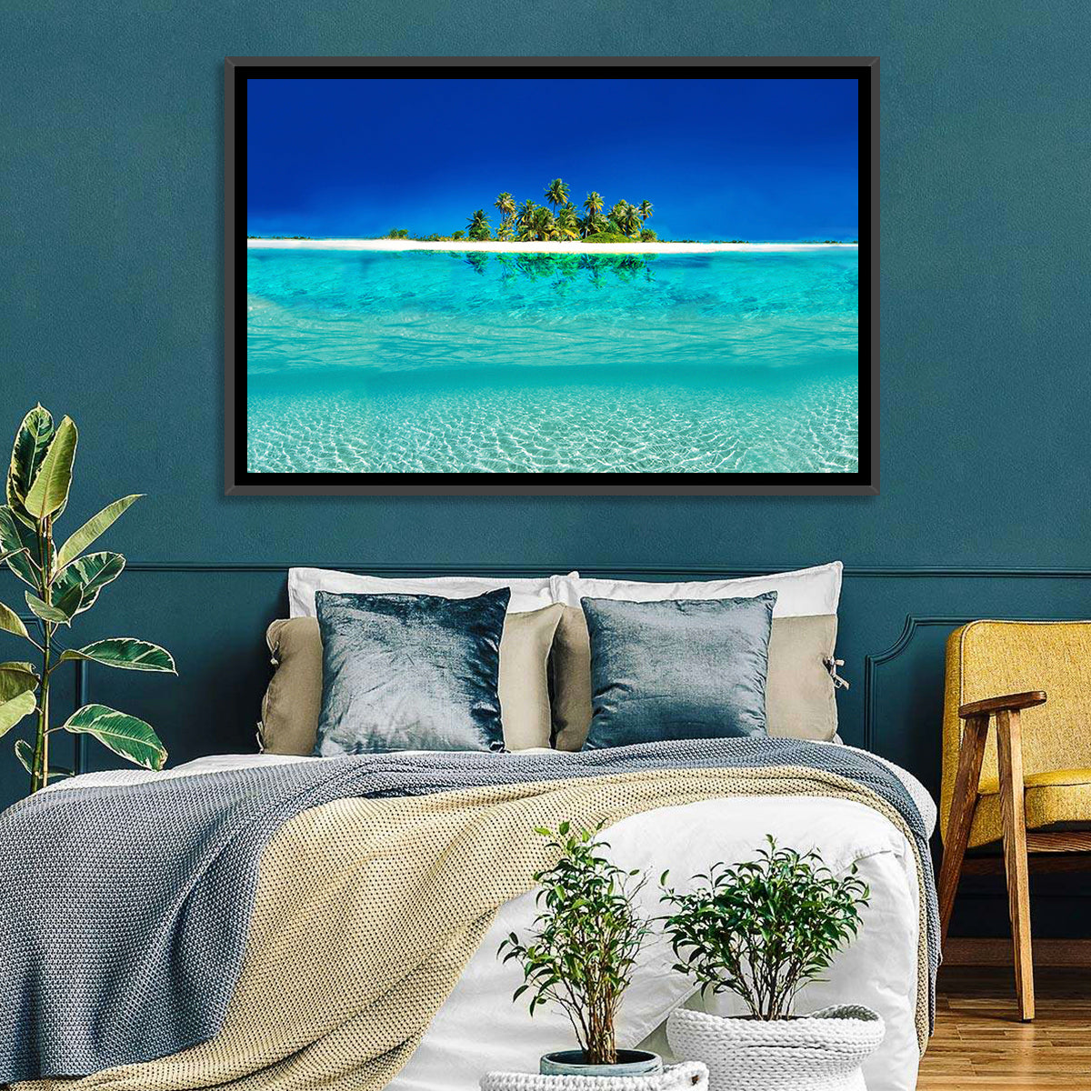 Tranquil Split-level Tropical Island Seascape Wall Art in a room, landscape