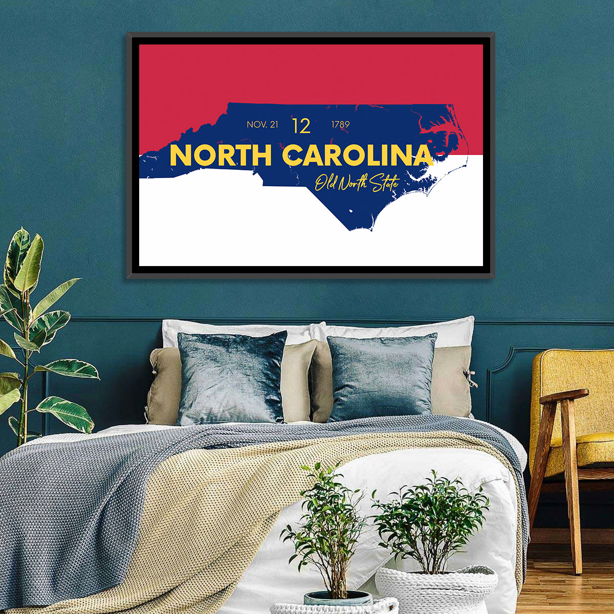 North Carolina Typographic Map Wall Art in a room, landscape