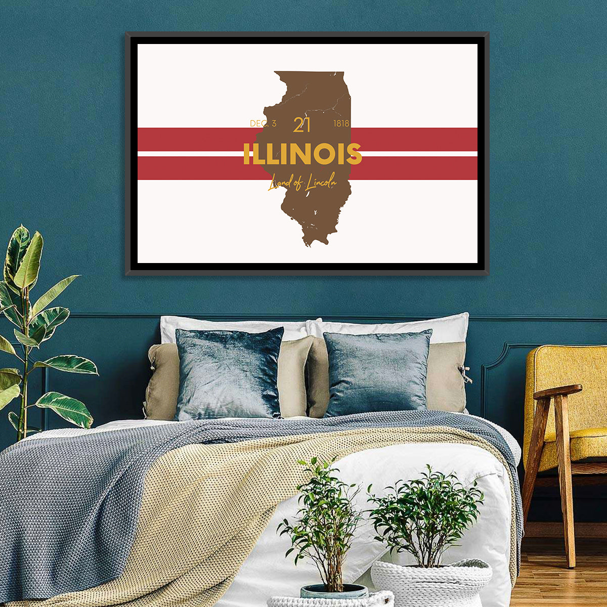 Illinois Map Land of Lincoln Wall Art in a room, landscape