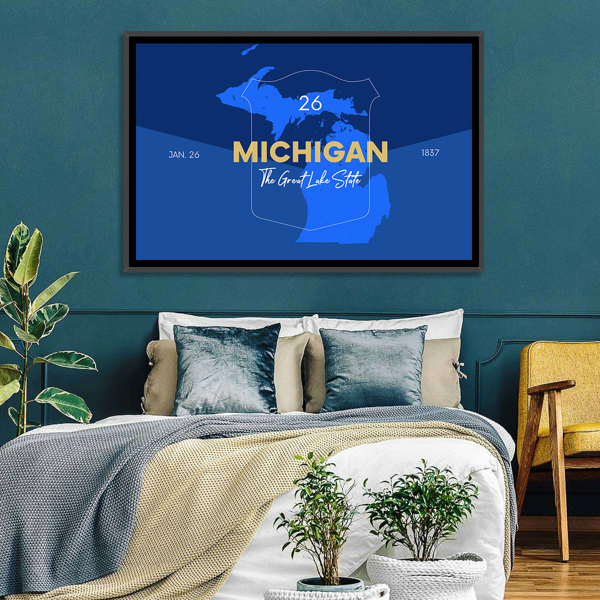 Michigan Shield Map Graphic Wall Art in a room, landscape