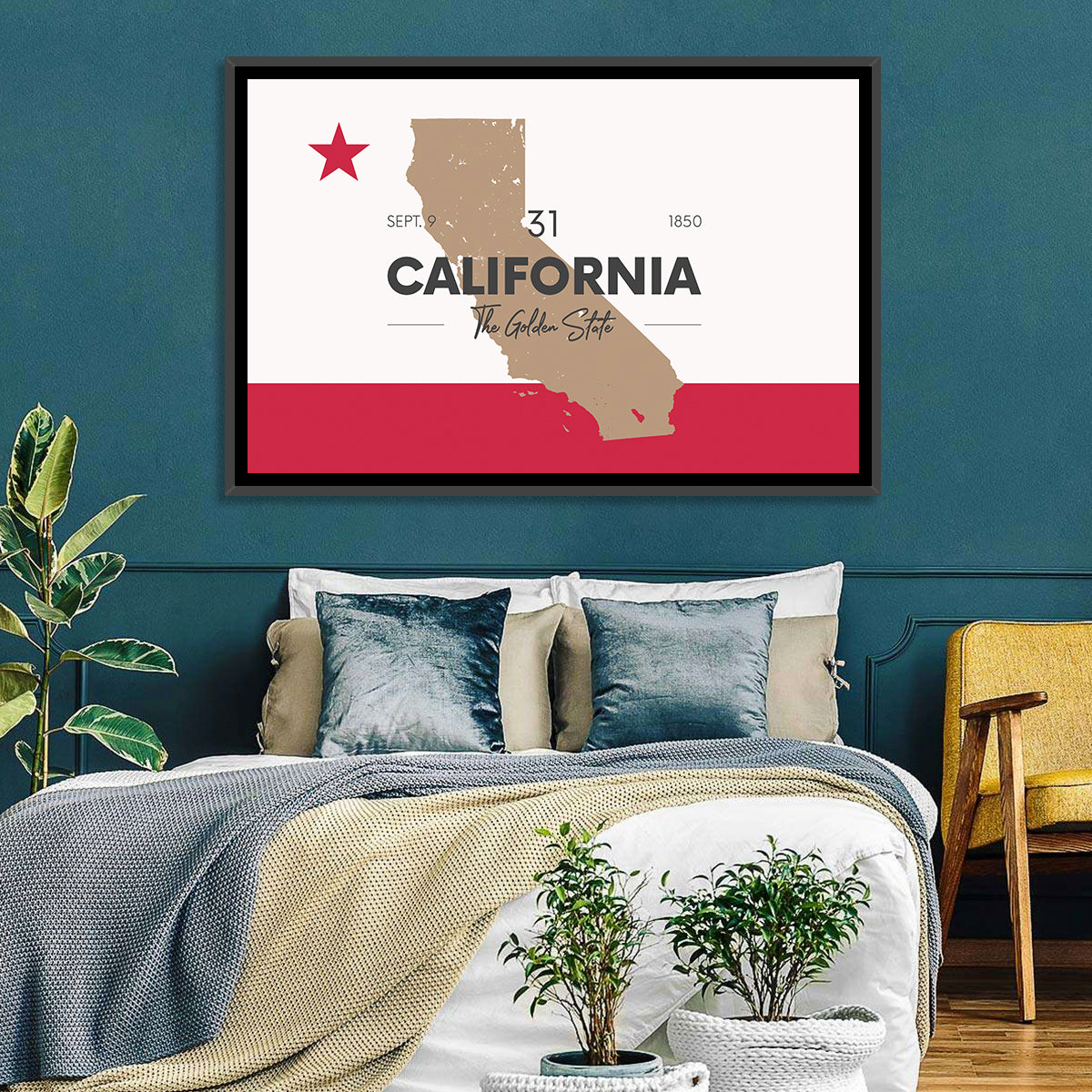 California Map with Red Star Wall Art in a room, landscape