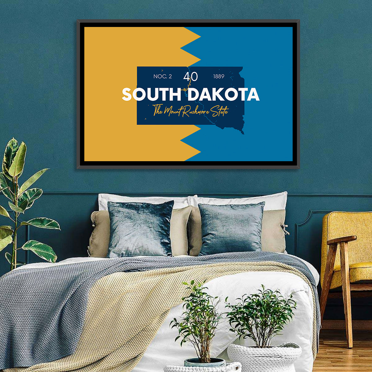 South Dakota Silhouette Map Wall Art in a room, landscape