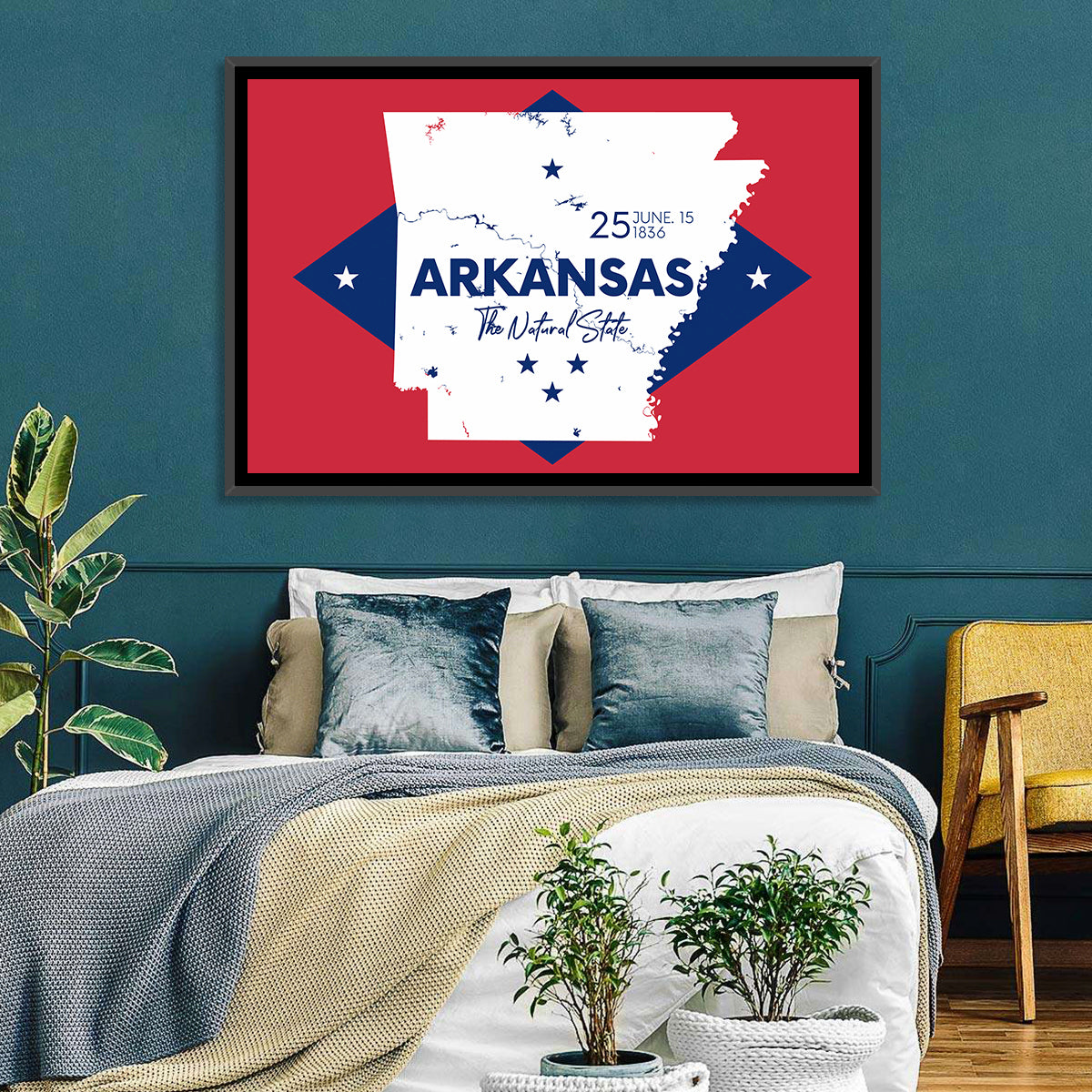 Patriotic Arkansas Map Wall Art in a room, landscape