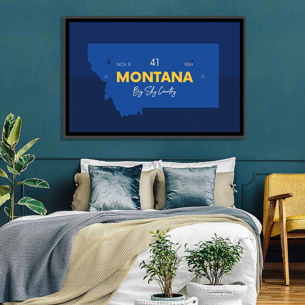 Montana Map Typography Big Sky Country Wall Art in a room, landscape