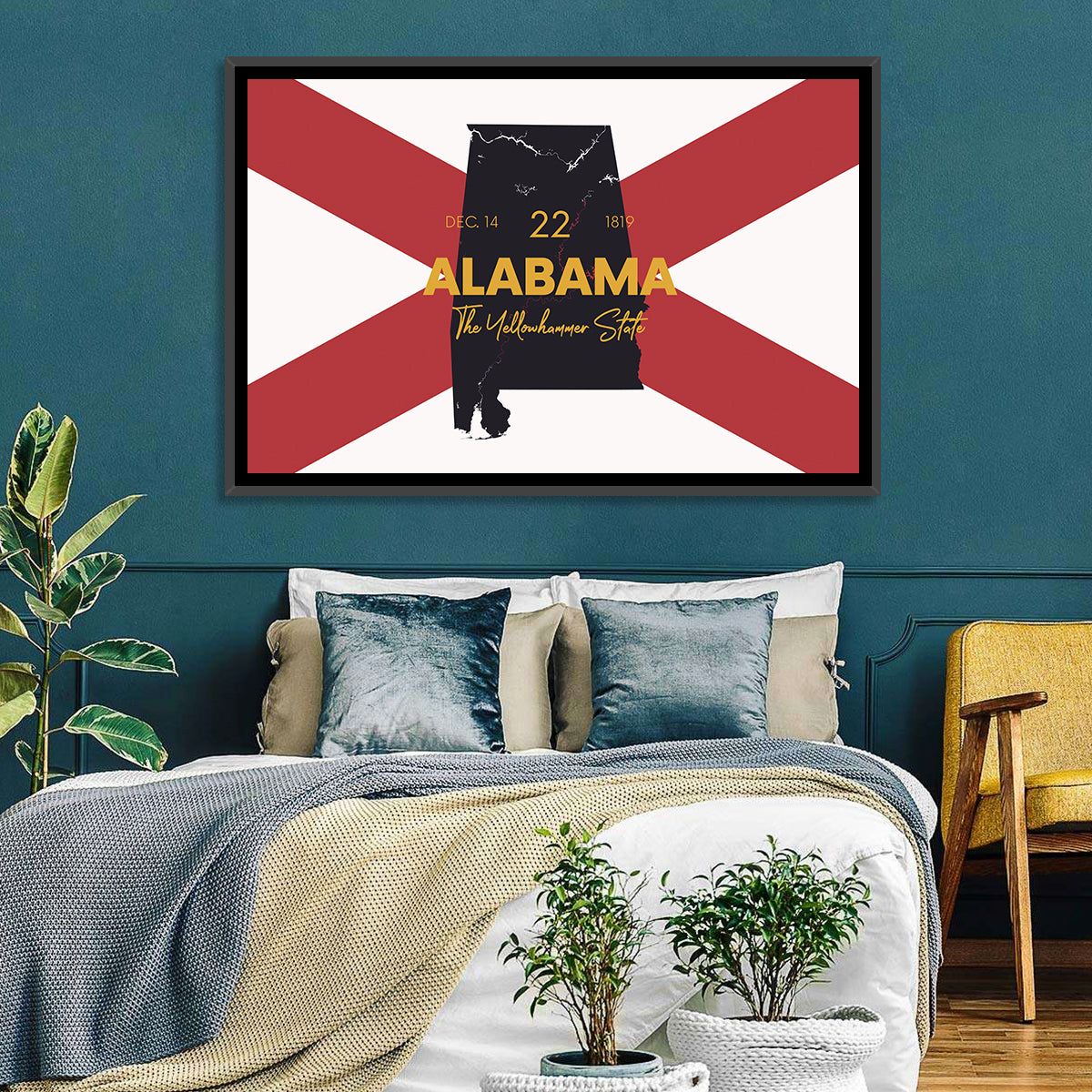 Alabama Map Over State Flag Wall Art