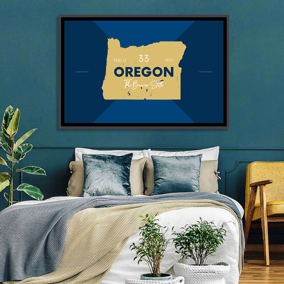 Oregon Typographic Map Wall Art in a room, landscape