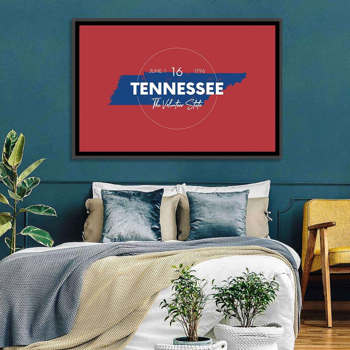 Tennessee Typographic Map Wall Art in a room, landscape