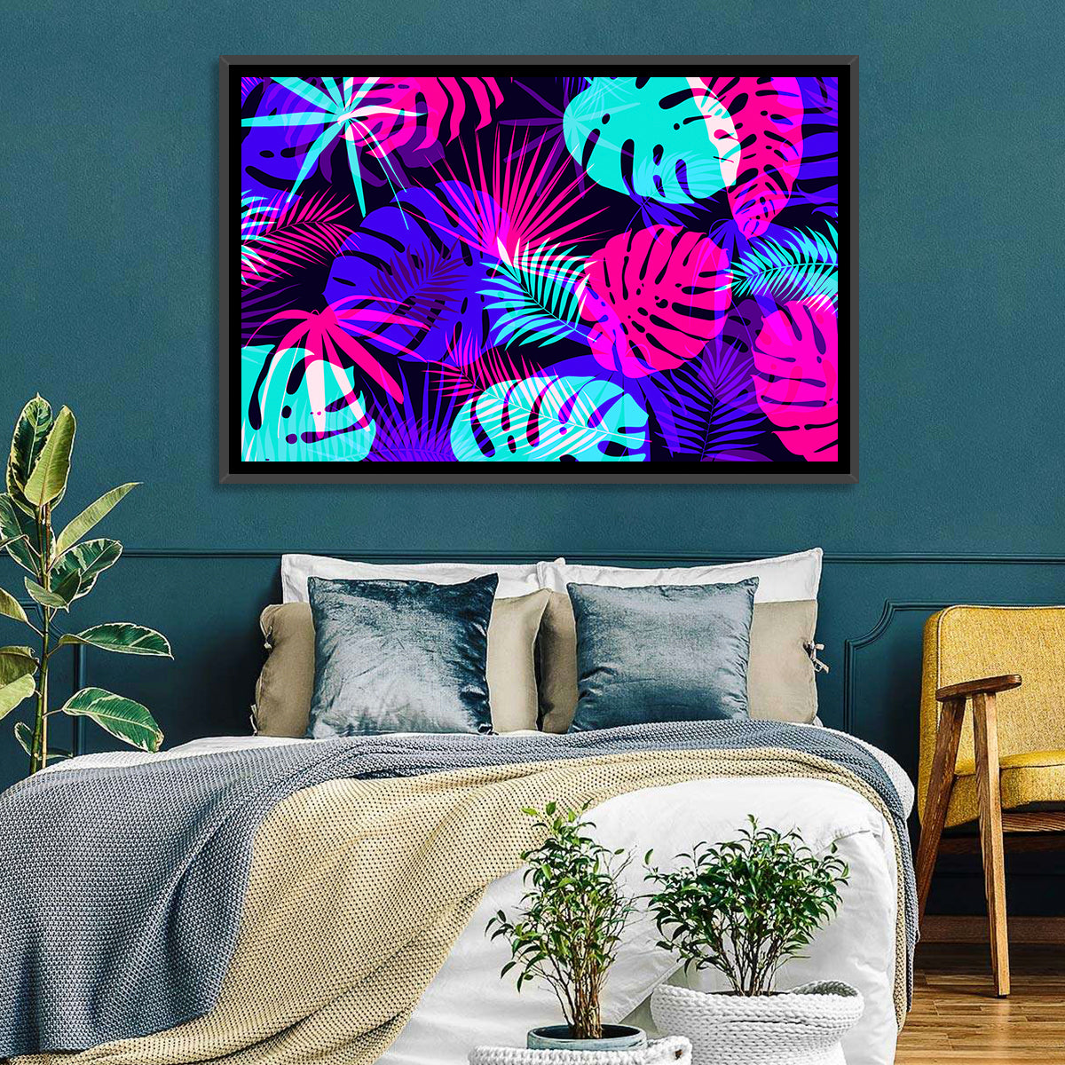 Neon Tropical Leaves Wall Art in a room, landscape