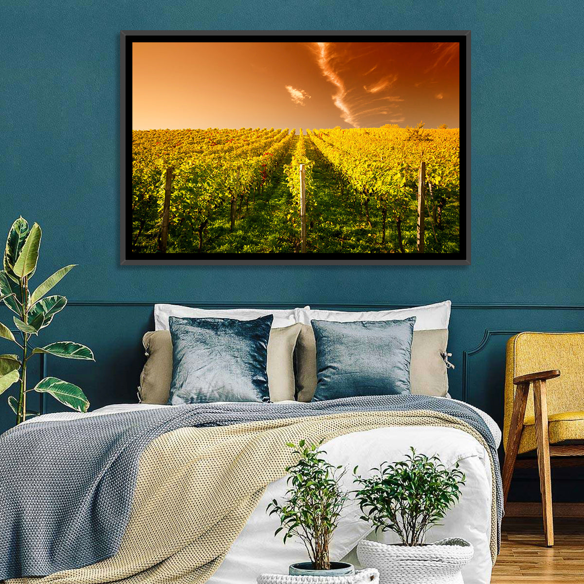 Golden Vineyard Sunset Wall Art in a room, landscape