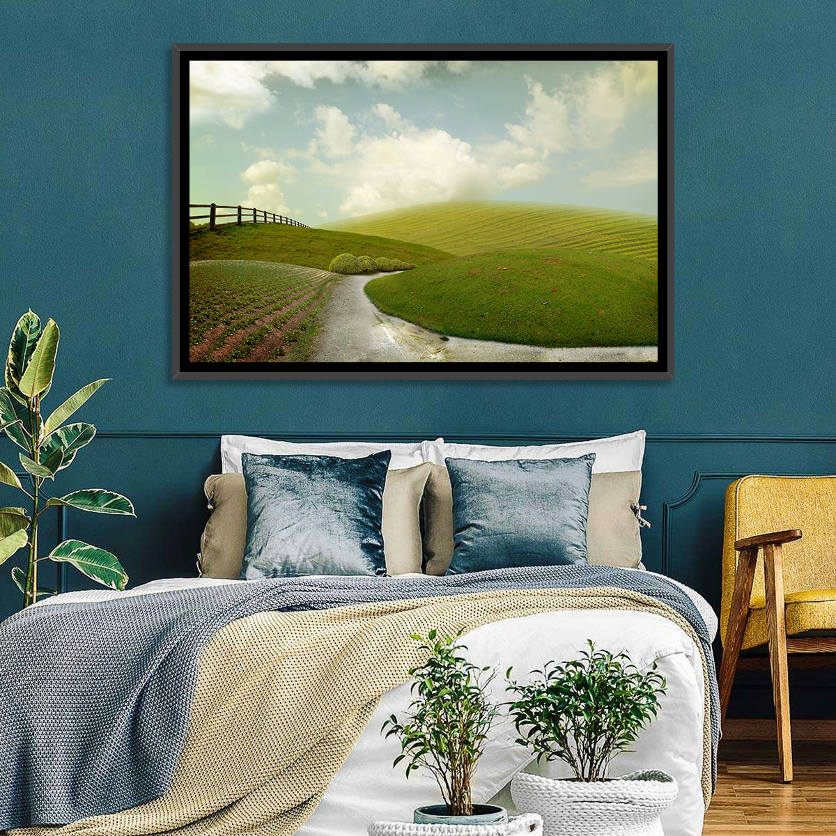 Winding Road Through Rolling Hills Wall Art in a room, landscape