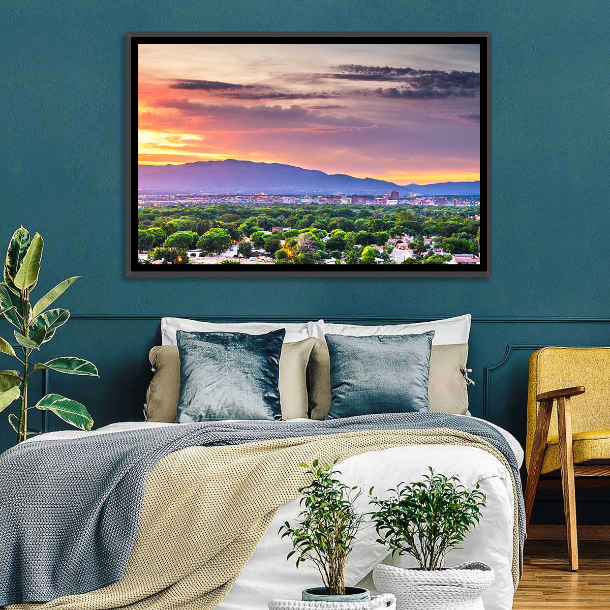 Albuquerque Skyline at Dusk Wall Art in a room, landscape