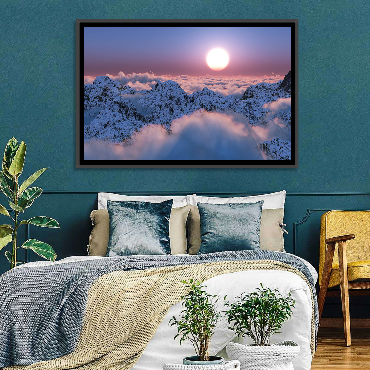 Sunset Above Snowy Mountains Wall Art in a room, landscape