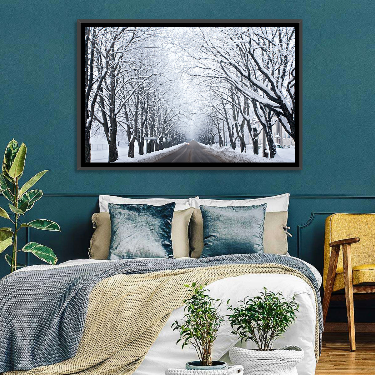 Snowy Road with Distant Headlights Wall Art in a room, landscape
