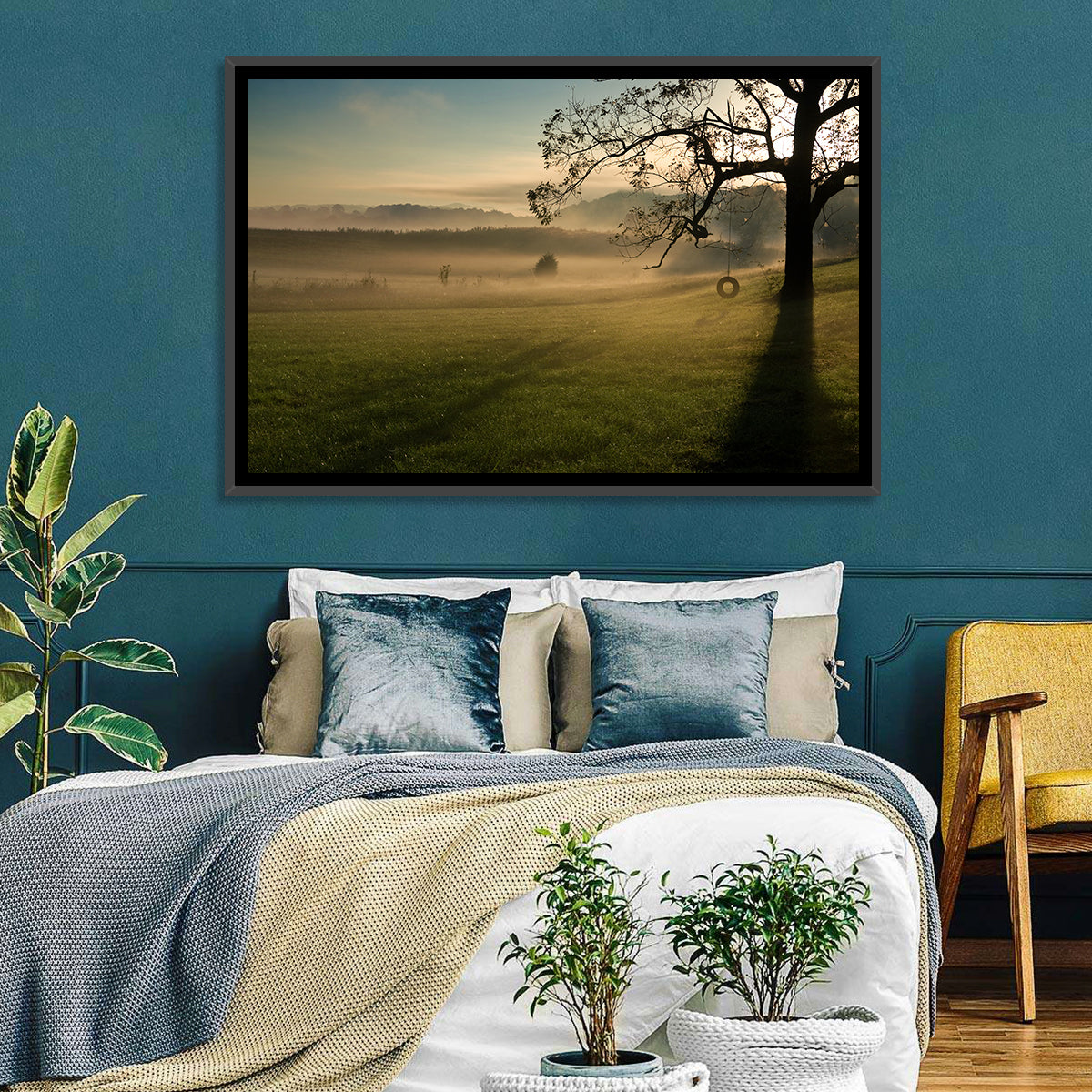 Tire Swing in Morning Mist Wall Art in a room, landscape