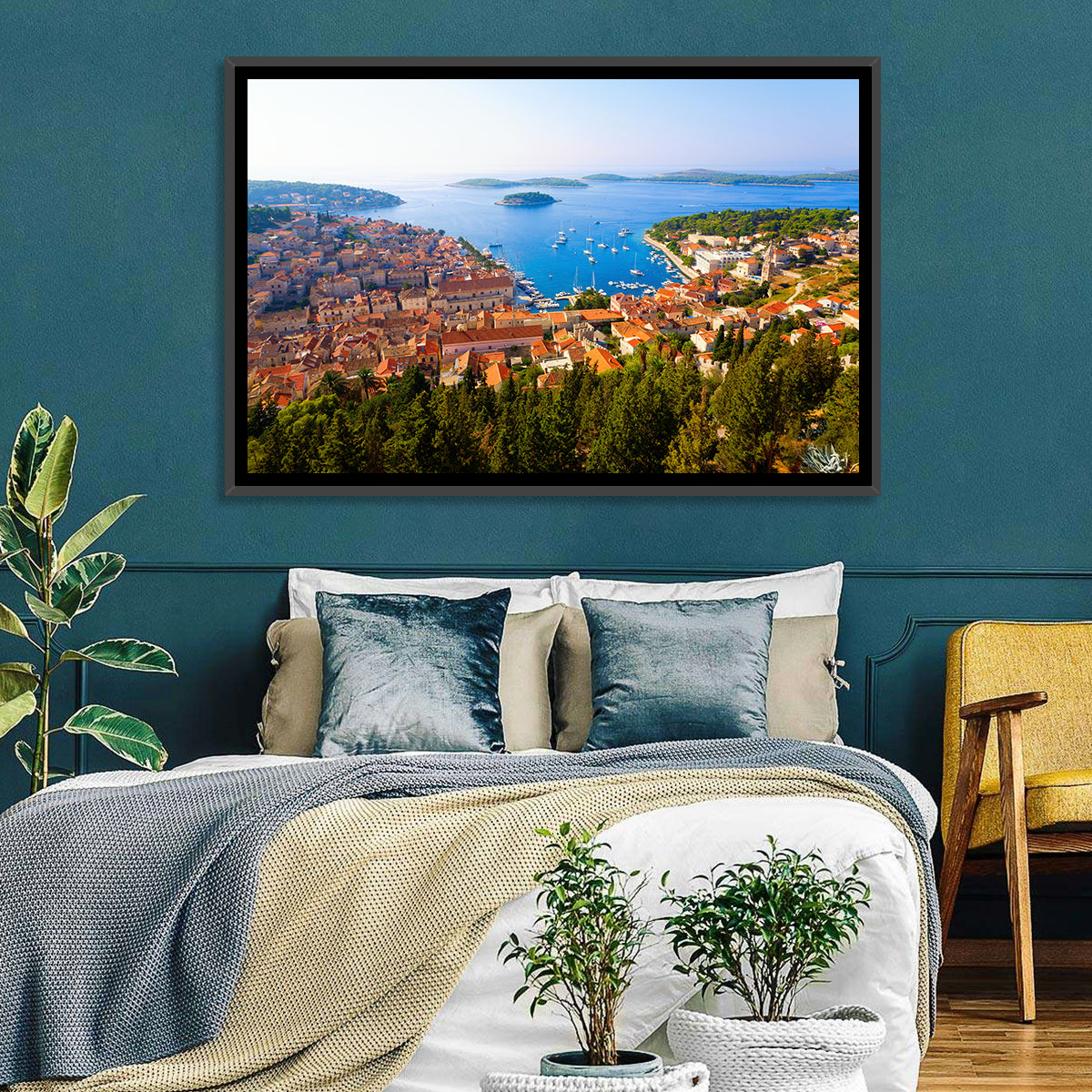 Hvar Harbor Aerial View Wall Art in a room, landscape