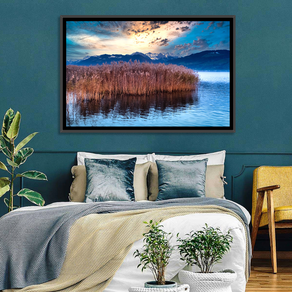 Lake Obersee Reeds at Dusk Wall Art in a room, landscape
