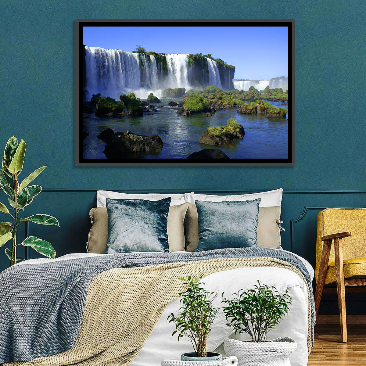 Iguazu Falls Mossy Rocks Wall Art in a room, landscape