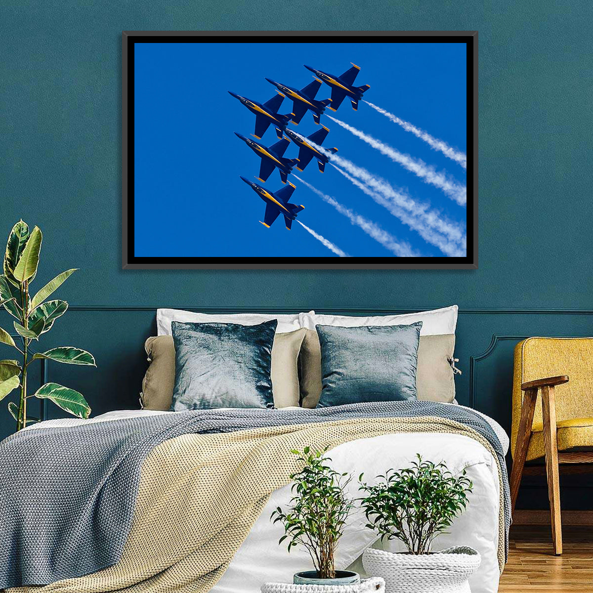 Blue Angels Delta Formation Flyover Wall Art in a room, landscape
