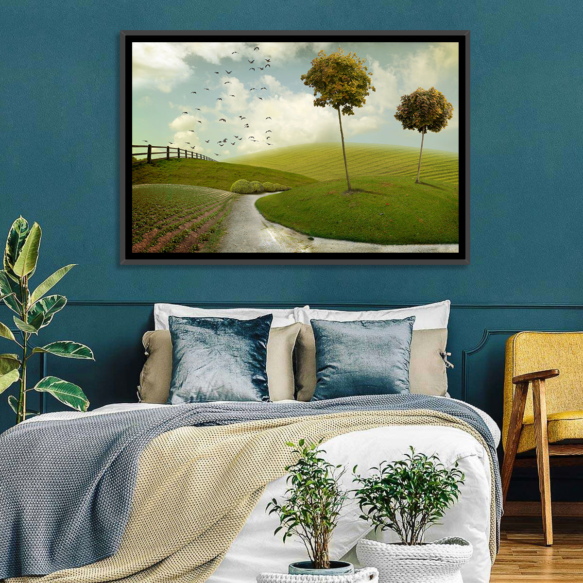 Serene Green Hills Pathscape Wall Art in a room, landscape