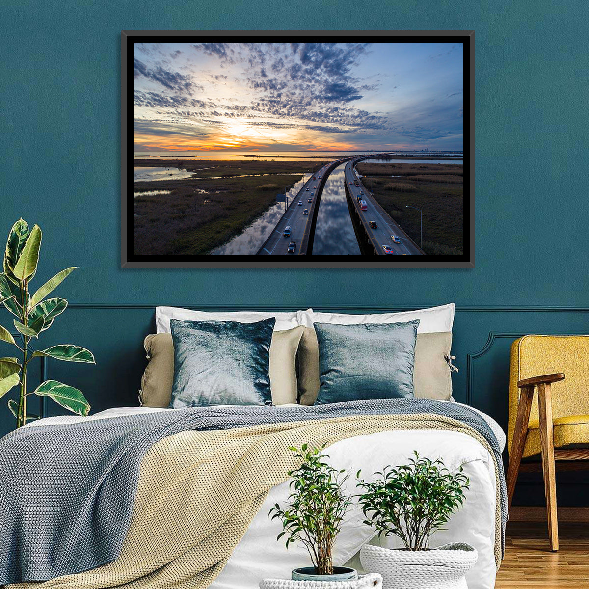Mobile Bay Bridge at Sunset Wall Art in a room, landscape