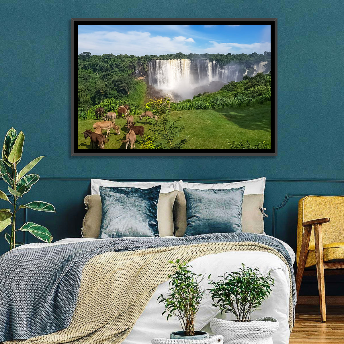 Kalandula Falls and Grazing Donkeys Wall Art in a room, landscape