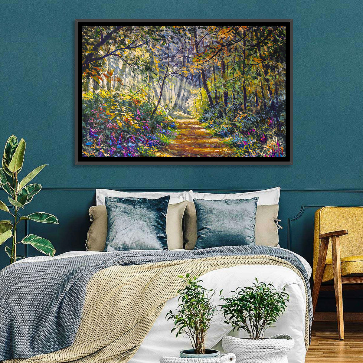 Sunlit Forest Path with Wildflowers Wall Art in a room, landscape