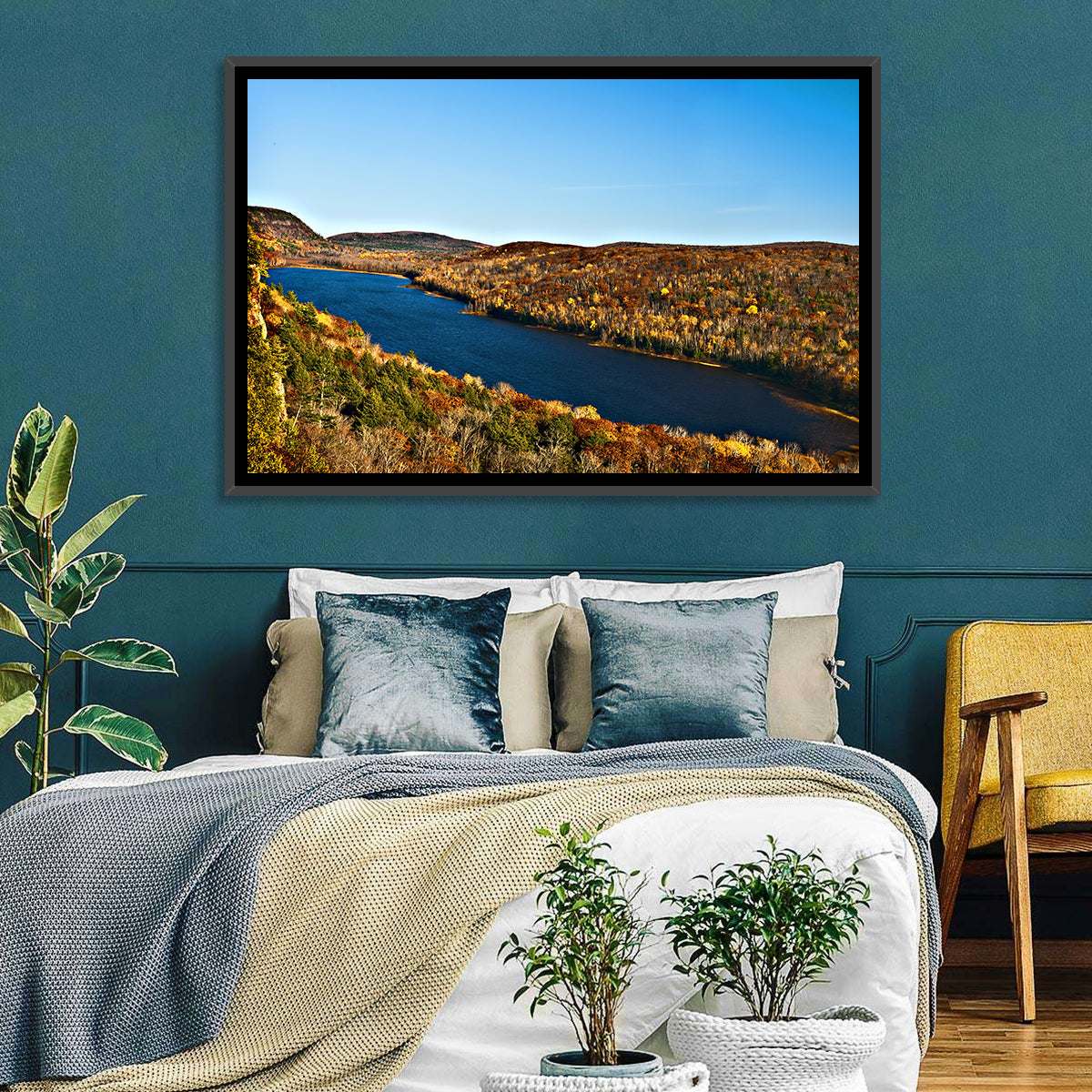Lake of the Clouds Golden Hour Wall Art in a room, landscape
