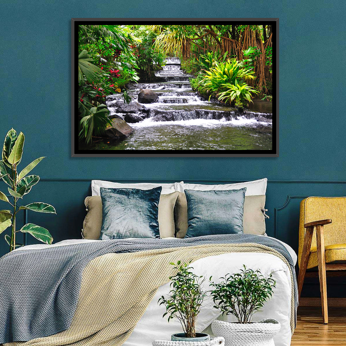 Tabacon Tiered Hot Springs Waterfall Wall Art in a room, landscape