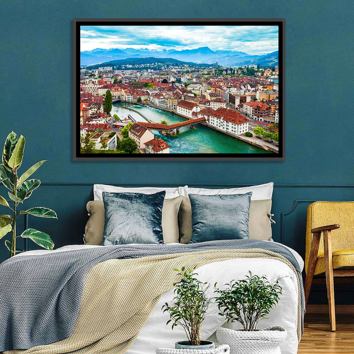 Lucerne Chapel Bridge View Wall Art in a room, landscape