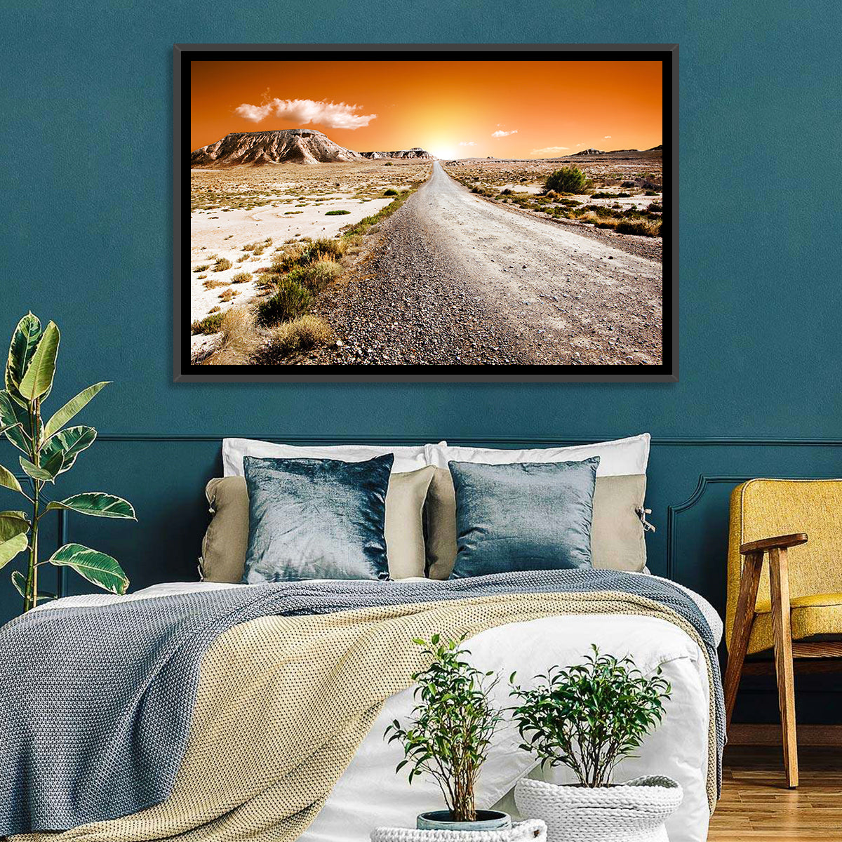 Infinite Desert Road Wall Art in a room, landscape