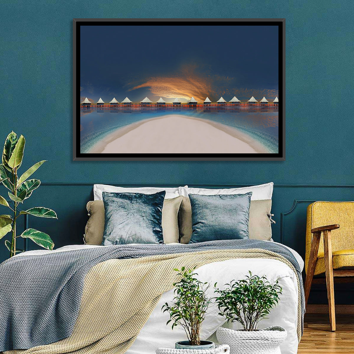 Overwater Bungalows at Golden Dusk Wall Art