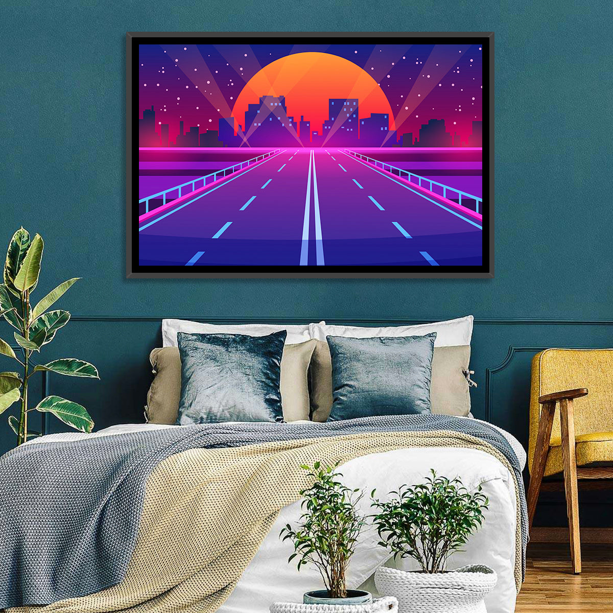 Dusk Highway Cityscape Wall Art in a room, landscape