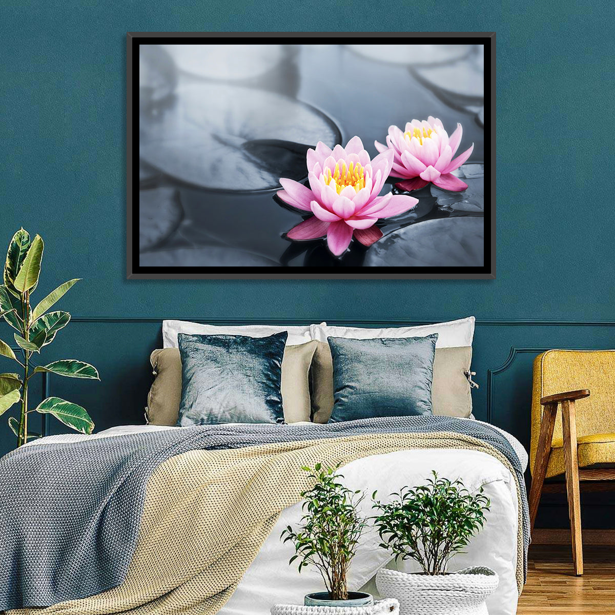 Pink Water Lilies Wall Art in a room, landscape