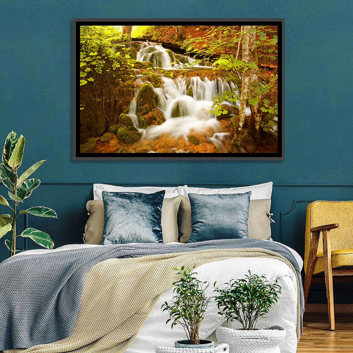 Plitvice Autumn Stream Wall Art in a room, landscape