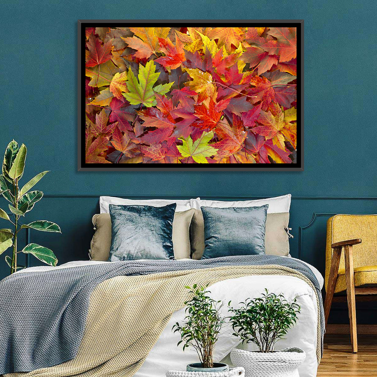 Autumn Maple Leaves Close-up Wall Art in a room, landscape
