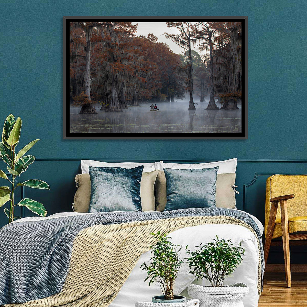 Caddo Lake Morning Mist Wall Art in a room, landscape