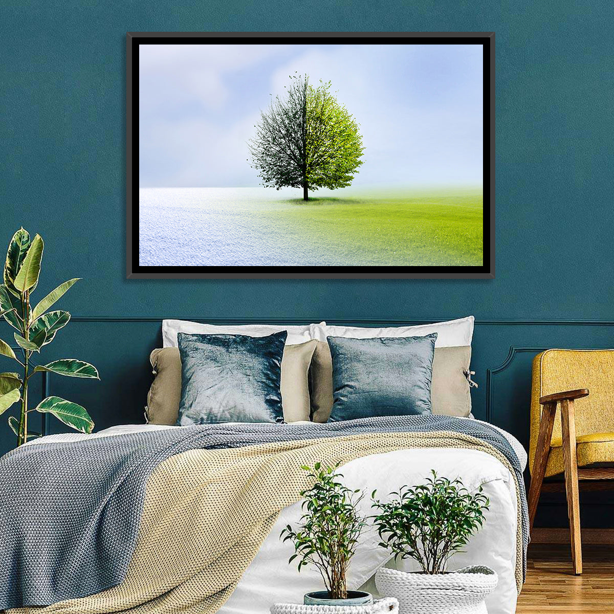 Winter to Spring Tree Wall Art in a room, landscape