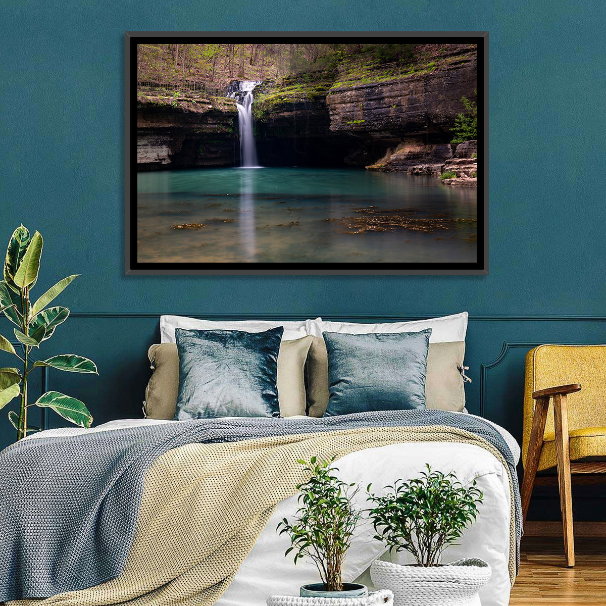Mossy Cove Waterfall Wall Art in a room, landscape