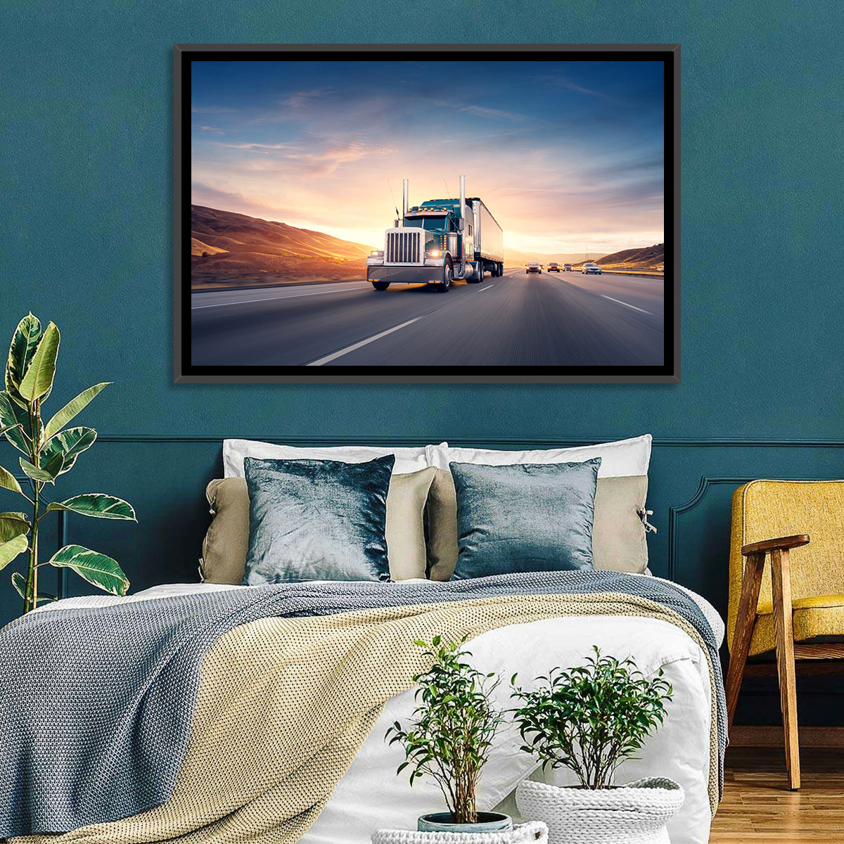 Semi Truck Highway Sunset Wall Art in a room, landscape