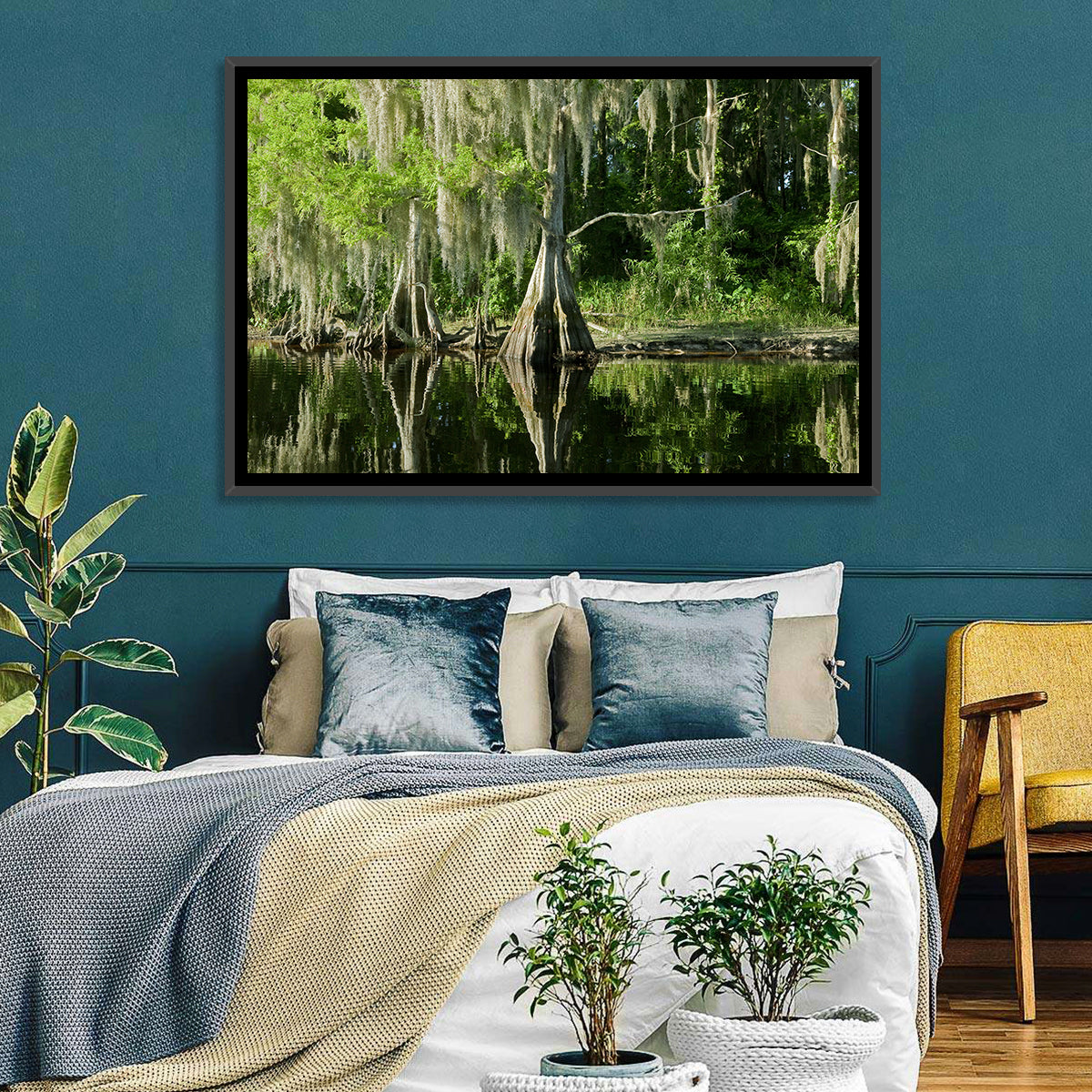 Bald Cypress and Great Blue Heron Wall Art in a room, landscape